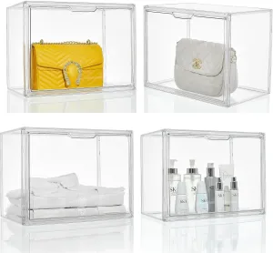 Attelite Clear Purse Organizer for Closet, Plastic Handbag Storage Organizer 4 Pack Clear Acrylic Display Case with Magnetic Door for Wallet, Book, Cosmetic, Clutch Organization