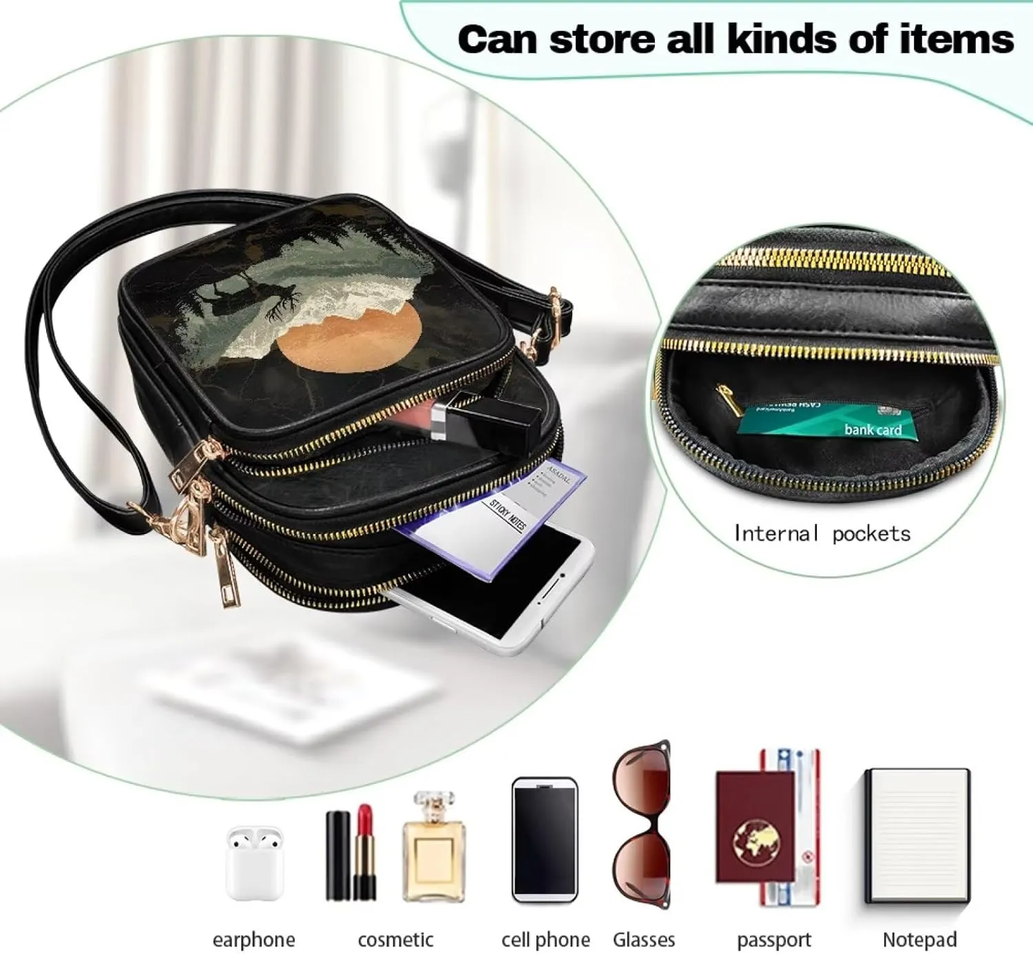 Attractive Print Womens Crossbody Bag with Strap Pockets Zipper for Travel Everyday Use