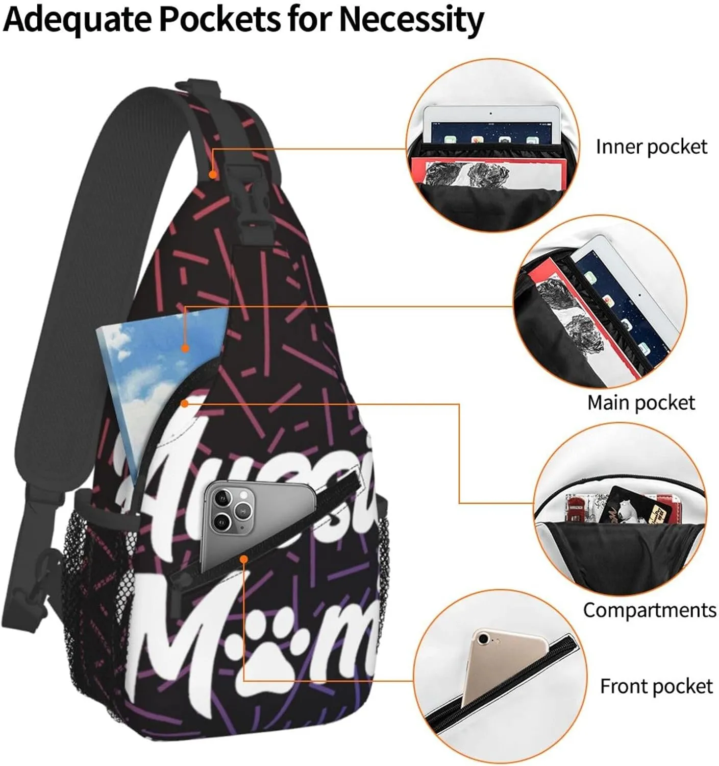 Aussie Mom Crossbody Backpack Chest Shoulder Bag Lightweight One Strap Travel Hiking Daypack