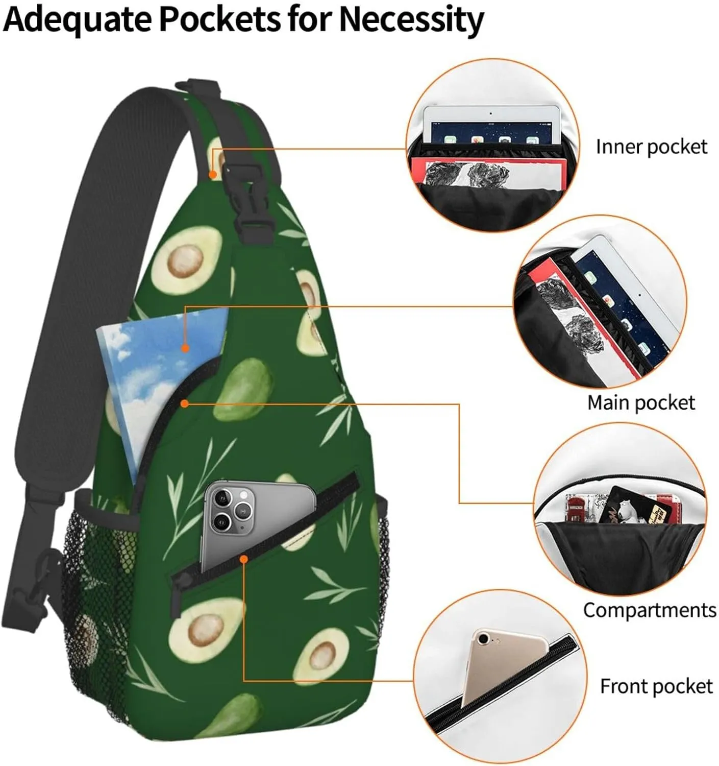Avocados Crossbody Sling Backpack Sling Bag Adjustable Chest Shoulder Daypack For Women Men
