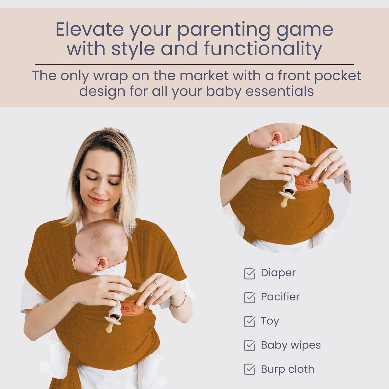 Baby Wrap Carrier - Premium Cotton Baby Carrier Wrap for Newborn to Toddler- Infant Carrier- Baby Holder One Size Fits All with Front Pocket by Max&so