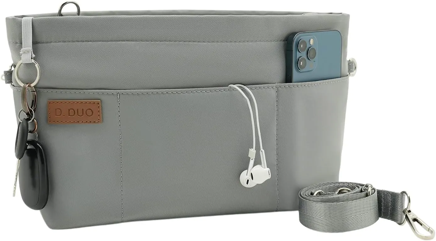 Bag Organizer Insert, Crossbody Bag, Tote Organizer Insert with Adjustable Bag Strap, Waterproof Nylon Purse Inserts (Gray, L)