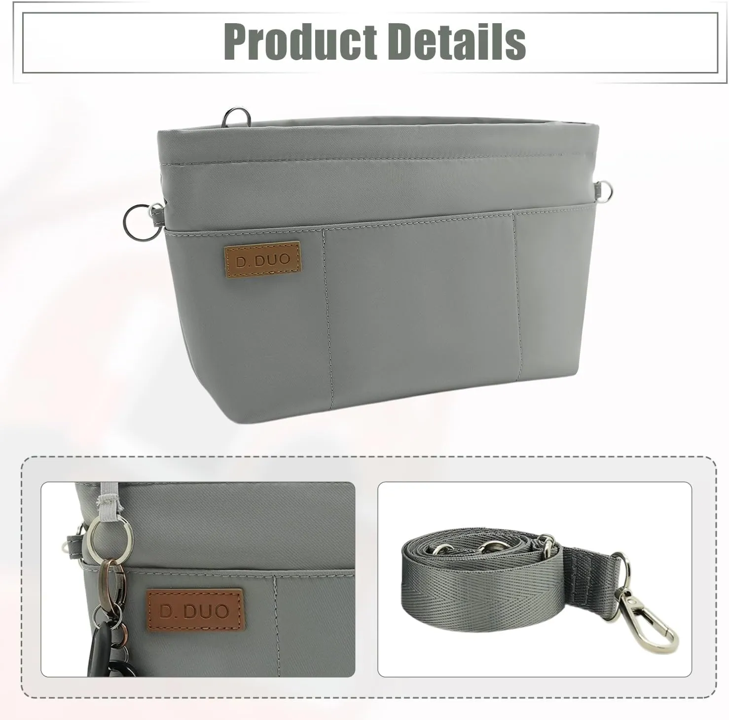 Bag Organizer Insert, Crossbody Bag, Tote Organizer Insert with Adjustable Bag Strap, Waterproof Nylon Purse Inserts (Gray, L)