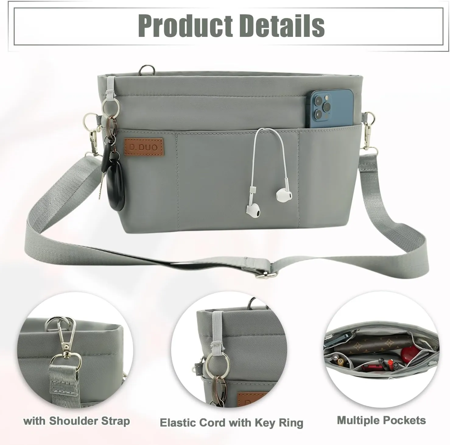 Bag Organizer Insert, Crossbody Bag, Tote Organizer Insert with Adjustable Bag Strap, Waterproof Nylon Purse Inserts (Gray, L)