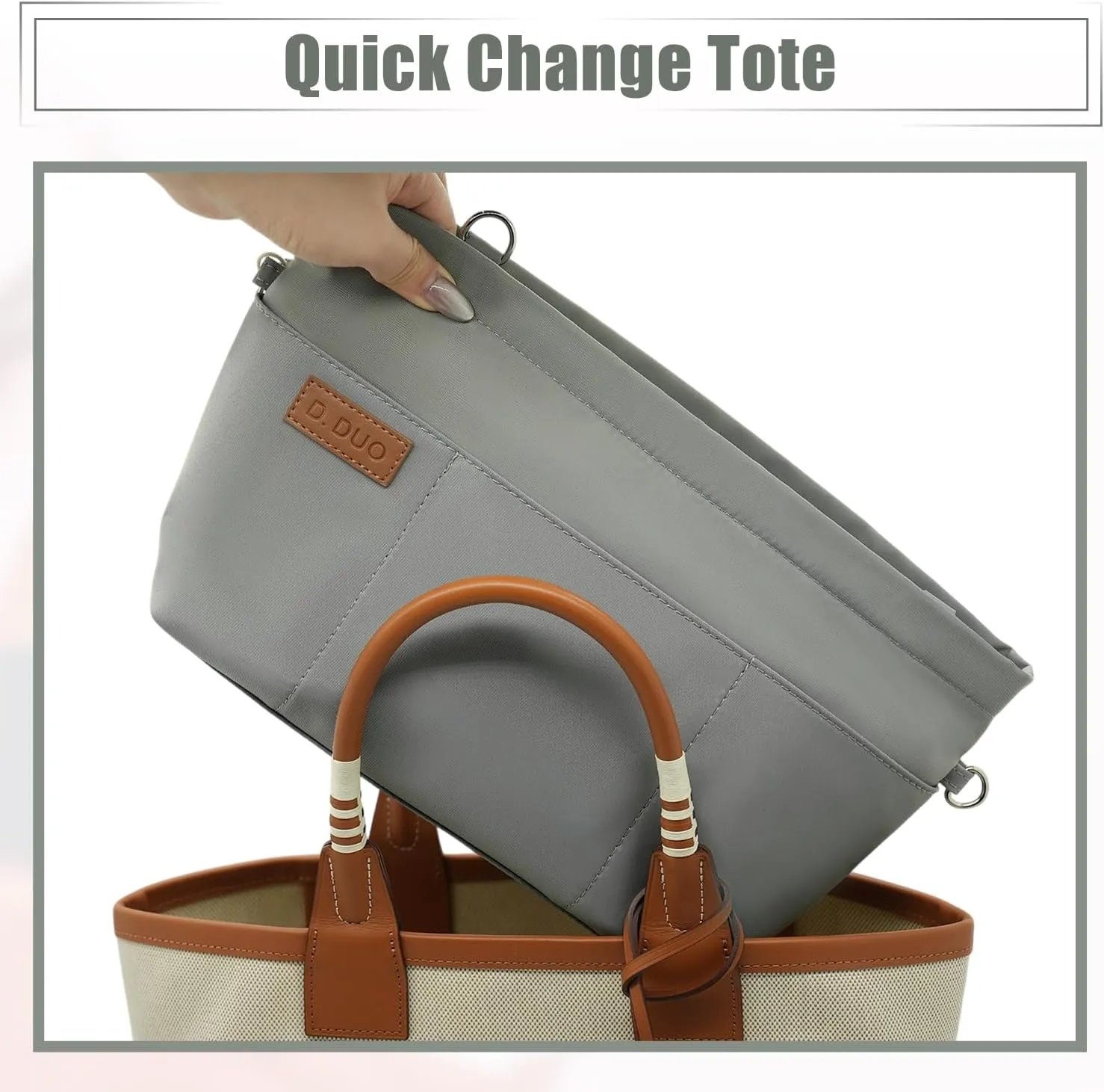 Bag Organizer Insert, Crossbody Bag, Tote Organizer Insert with Adjustable Bag Strap, Waterproof Nylon Purse Inserts (Gray, L)