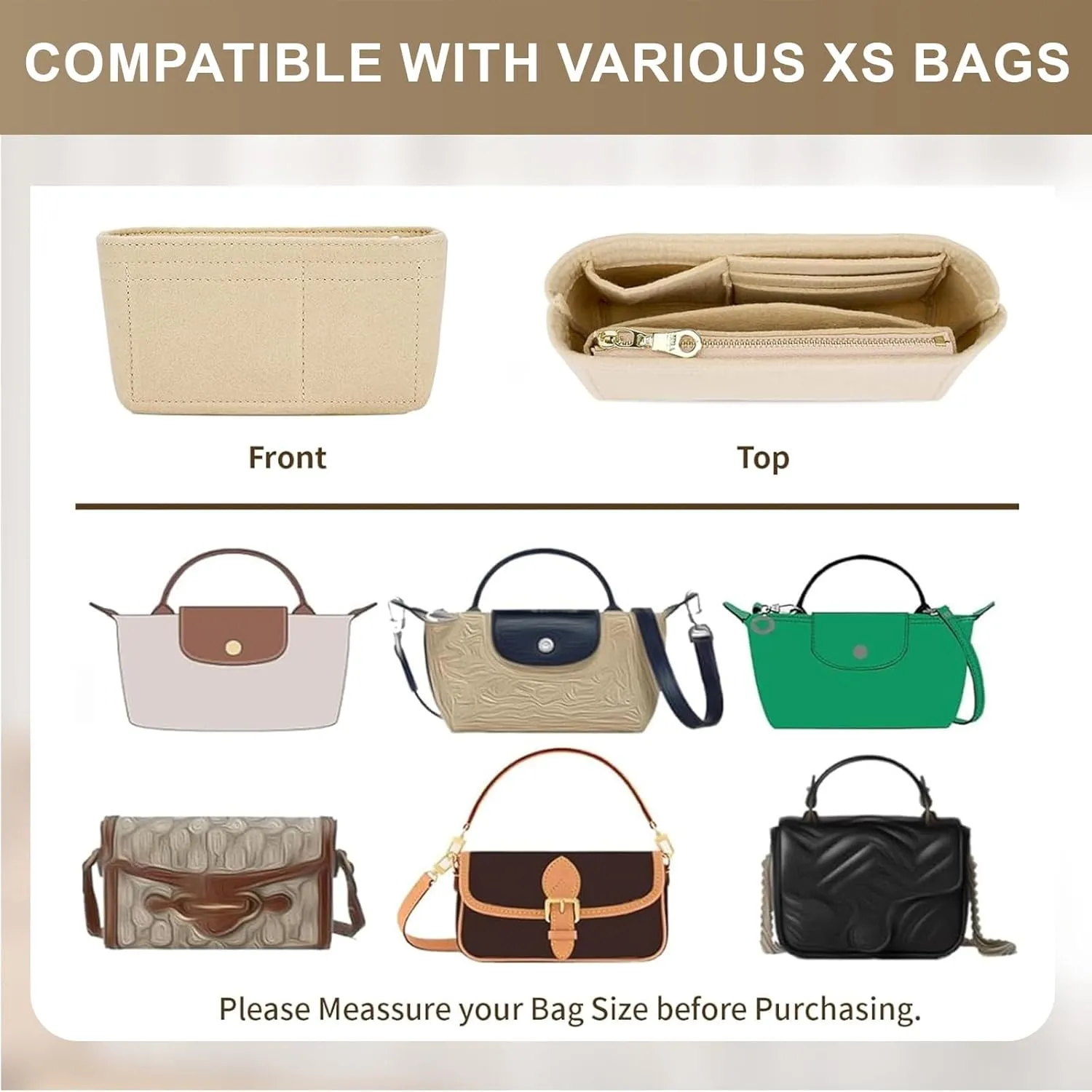 Bag Organizer Insert for Tote Bag, Felt Purse Organizer Handbag Backpack Compatible with Longchamp, Le Pliage, LV, Coach