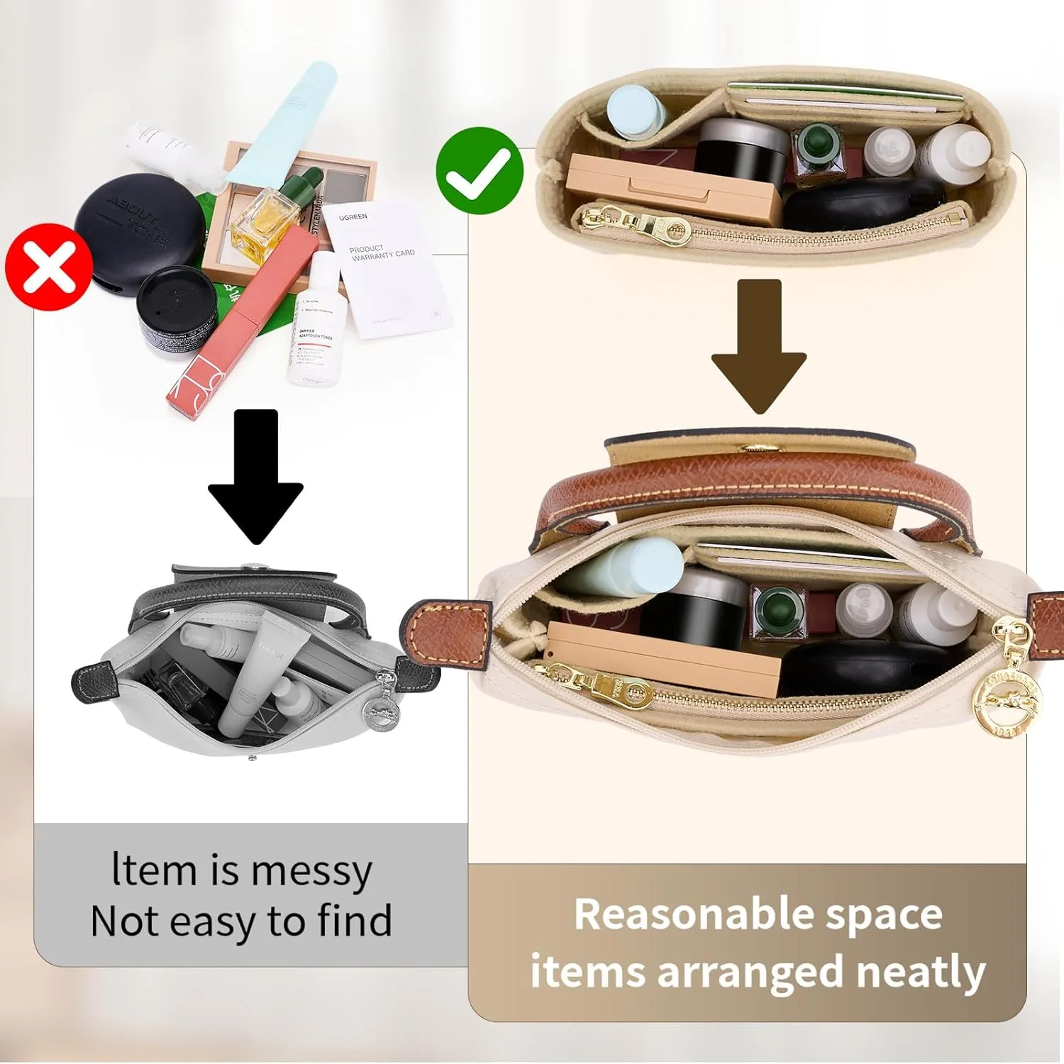 Bag Organizer Insert for Tote Bag, Felt Purse Organizer Handbag Backpack Compatible with Longchamp, Le Pliage, LV, Coach