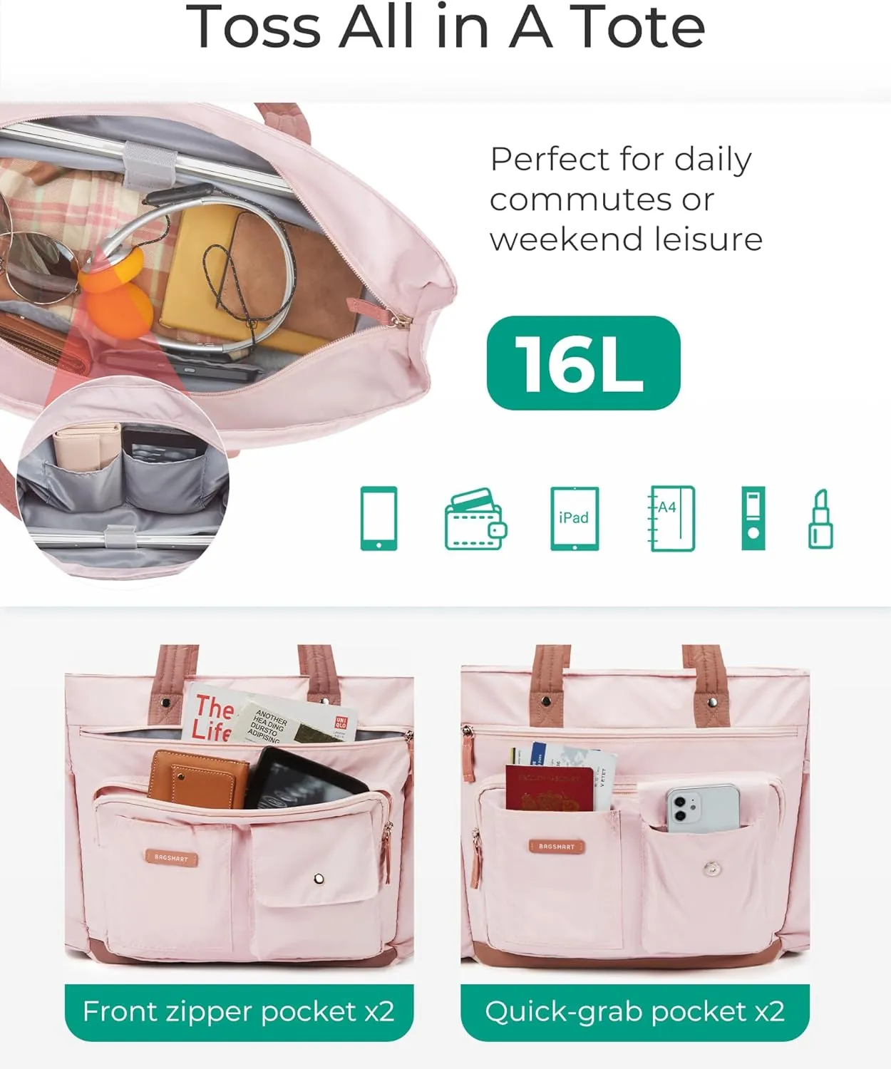 BAGSMART Small Tote Bag for Women, Lightweight Zippered Travel Handbag Casual Purse for Work