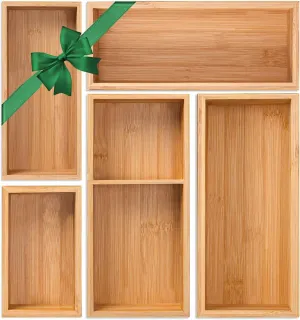 Bamboo Drawer Organizer 5 Pcs for Kitchen Multi-purpose Storage Dividers for Kitchen, Office, Jewelry, Cosmetics, Wooden Drawer Dividers for Drawer Organizer Desk Organizer Gift for Women