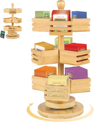 Bamboo Tea Bag Organizer, 3 Tier Stackable Tea Bag Storage Holder Spinning Carousel with 9 Compartments, Rotating Tea Bag Caddy for Kitchen Counter Cabinet, Up to 108 Tea Bag Storage (Natural)