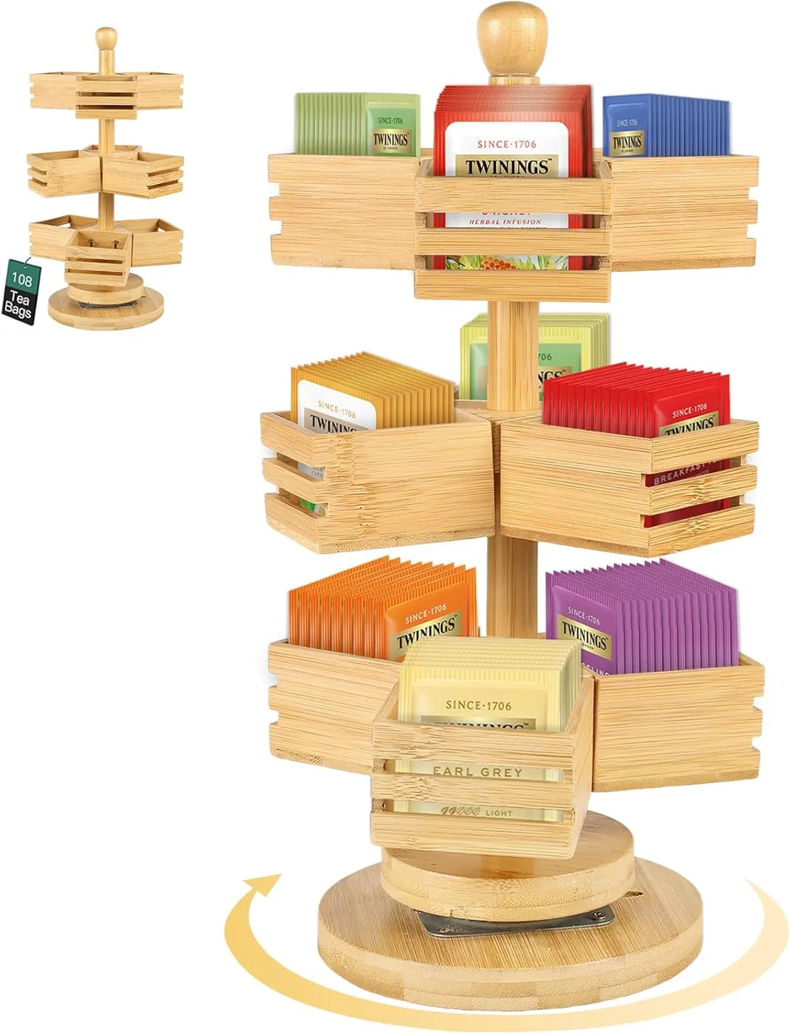 Bamboo Tea Bag Organizer, 3 Tier Stackable Tea Bag Storage Holder Spinning Carousel with 9 Compartments, Rotating Tea Bag Caddy for Kitchen Counter Cabinet, Up to 108 Tea Bag Storage (Natural)