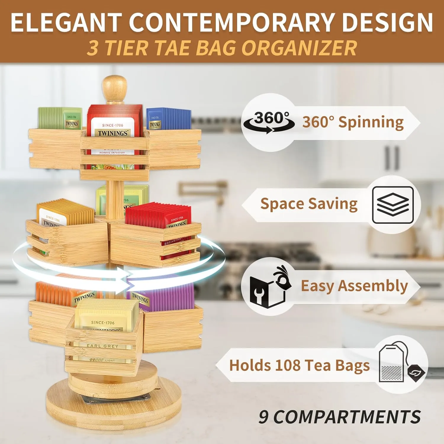 Bamboo Tea Bag Organizer, 3 Tier Stackable Tea Bag Storage Holder Spinning Carousel with 9 Compartments, Rotating Tea Bag Caddy for Kitchen Counter Cabinet, Up to 108 Tea Bag Storage (Natural)