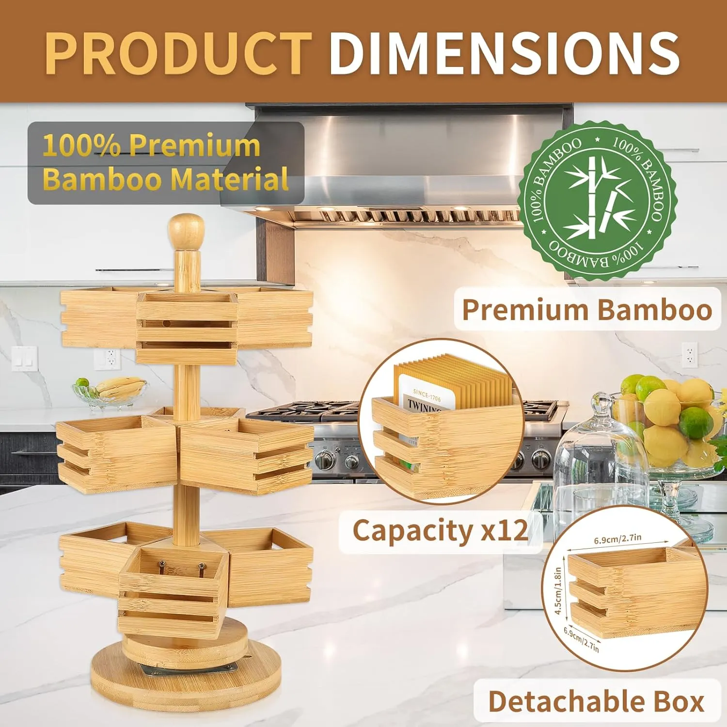 Bamboo Tea Bag Organizer, 3 Tier Stackable Tea Bag Storage Holder Spinning Carousel with 9 Compartments, Rotating Tea Bag Caddy for Kitchen Counter Cabinet, Up to 108 Tea Bag Storage (Natural)
