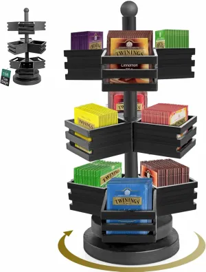 Bamboo Tea Bag Organizer, 3 Tier Stackable Tea Bag Storage Holder Spinning Carousel with 9 Compartments, Rotating Tea Bag Caddy for Kitchen Counter Cabinet, Up to 108 Tea Bag Storage