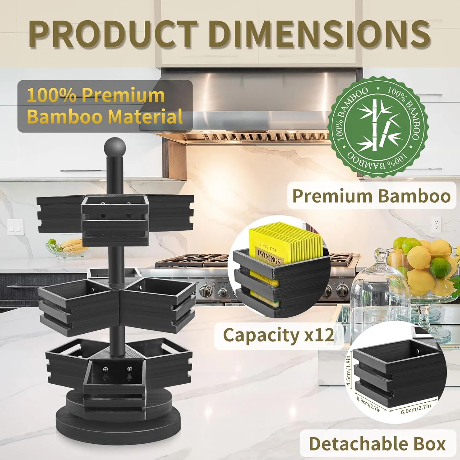 Bamboo Tea Bag Organizer, 3 Tier Stackable Tea Bag Storage Holder Spinning Carousel with 9 Compartments, Rotating Tea Bag Caddy for Kitchen Counter Cabinet, Up to 108 Tea Bag Storage