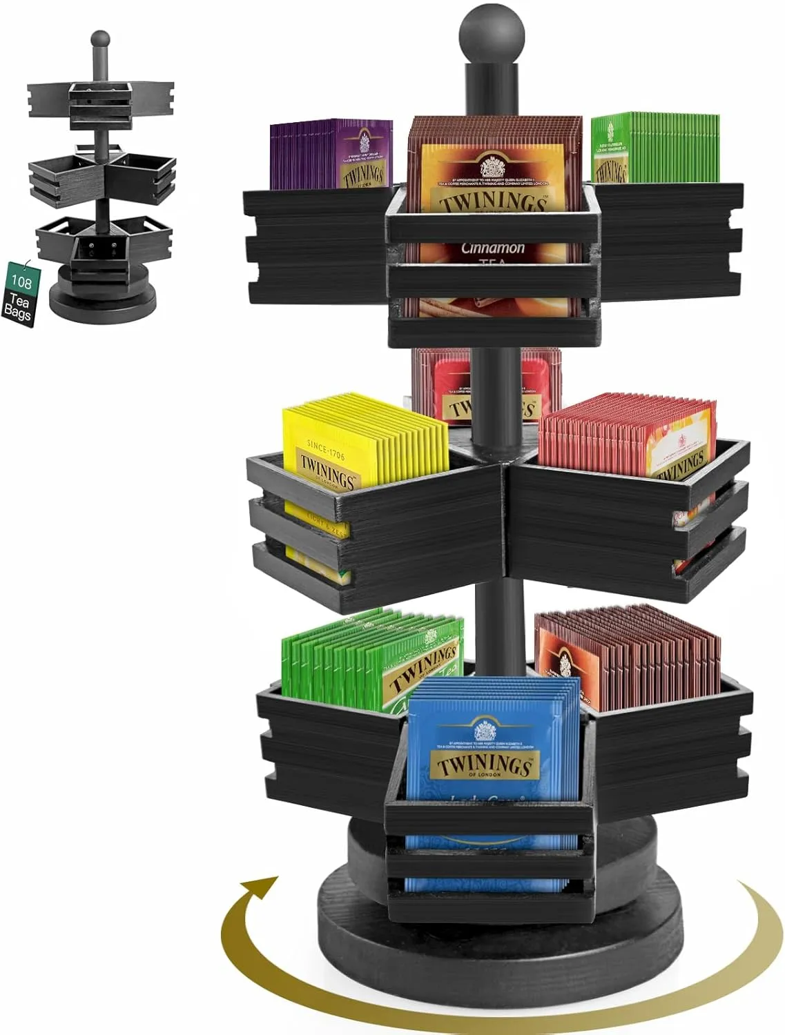 Bamboo Tea Bag Organizer, 3 Tier Stackable Tea Bag Storage Holder Spinning Carousel with 9 Compartments, Rotating Tea Bag Caddy for Kitchen Counter Cabinet, Up to 108 Tea Bag Storage