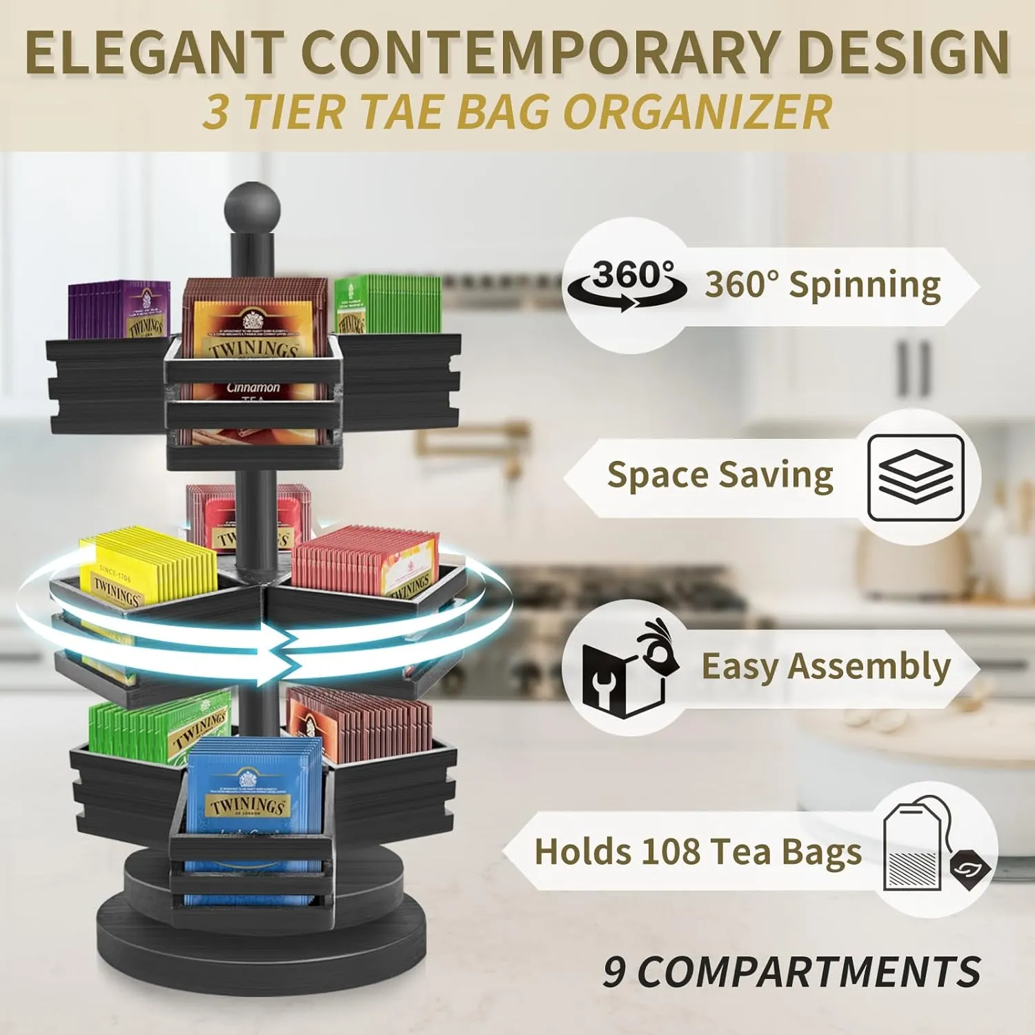 Bamboo Tea Bag Organizer, 3 Tier Stackable Tea Bag Storage Holder Spinning Carousel with 9 Compartments, Rotating Tea Bag Caddy for Kitchen Counter Cabinet, Up to 108 Tea Bag Storage