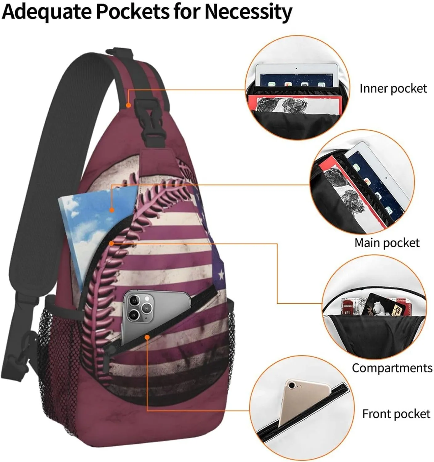 Baseball American Flag Cross Chest Bag For Men Shoulder Bag Travel Hiking Daypack For Women Sling Bag Unisex Crossbody Backpack Casual Bags