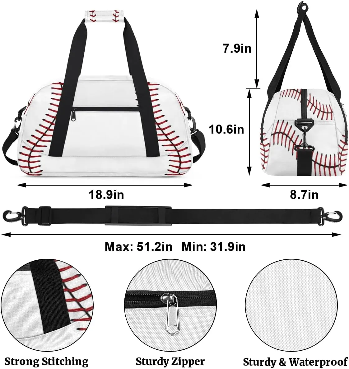 Baseball Kids Duffle Bags for Boys Girls, Baseball Texture Sport Gym Bag Waterproof Travel Overnight Weekender Bag Teen Dance Gymnastics Sleepover Bag