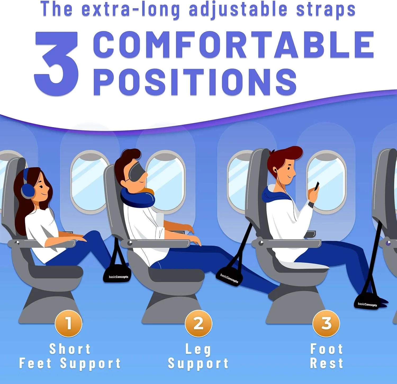 BASIC CONCEPTS Airplane Adjustable Foot Hammock (2 Pack), Perfect or Office Footrest to Relax Your Feet (Memory Foam) - for Travel Accessories, Desk Hammock, Comfy Hanger
