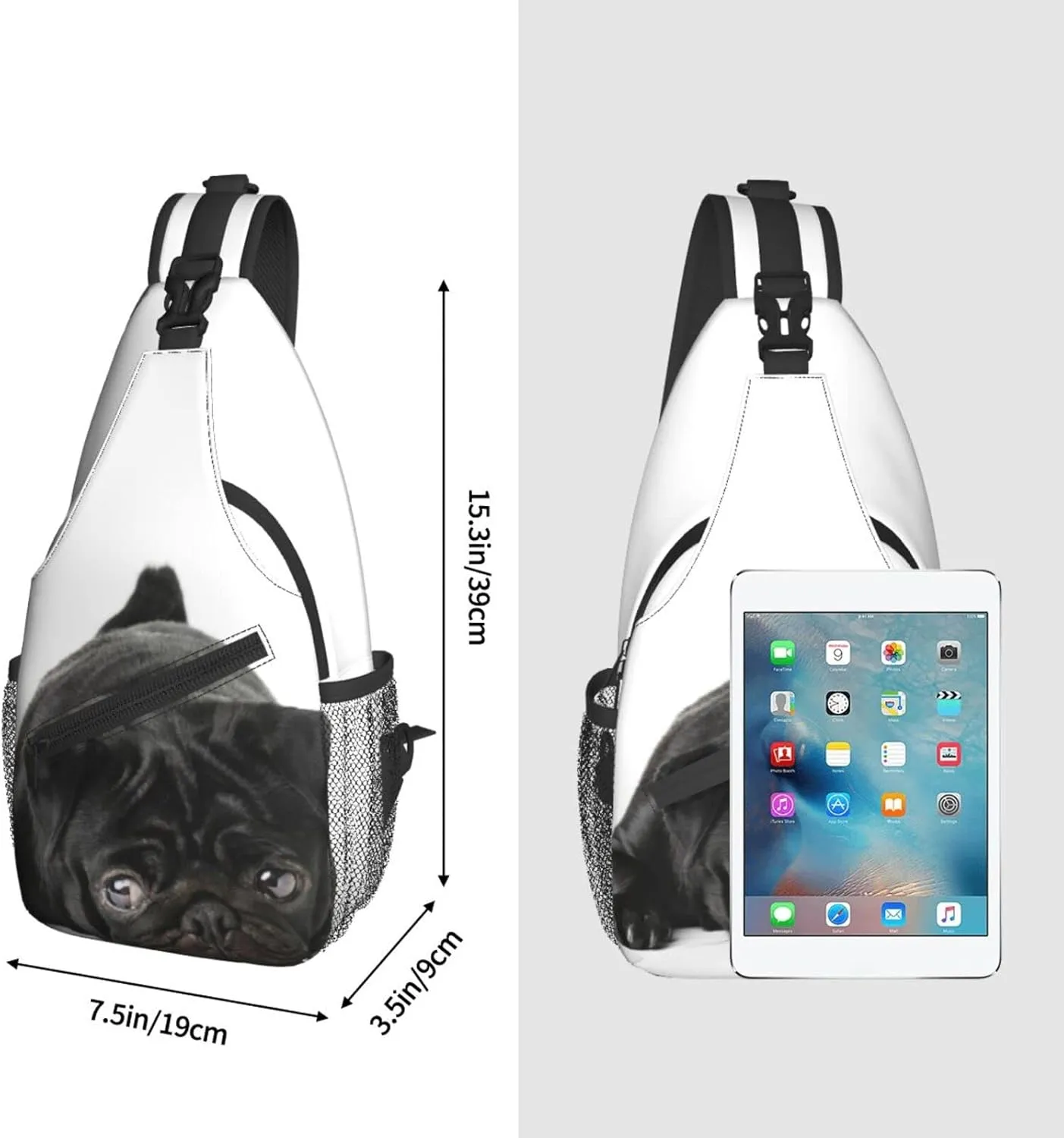 bassyil Black Pug Dog Sling Bag Crossbody Travel Hiking Chest Backpack Shoulder Daypack for Women Men