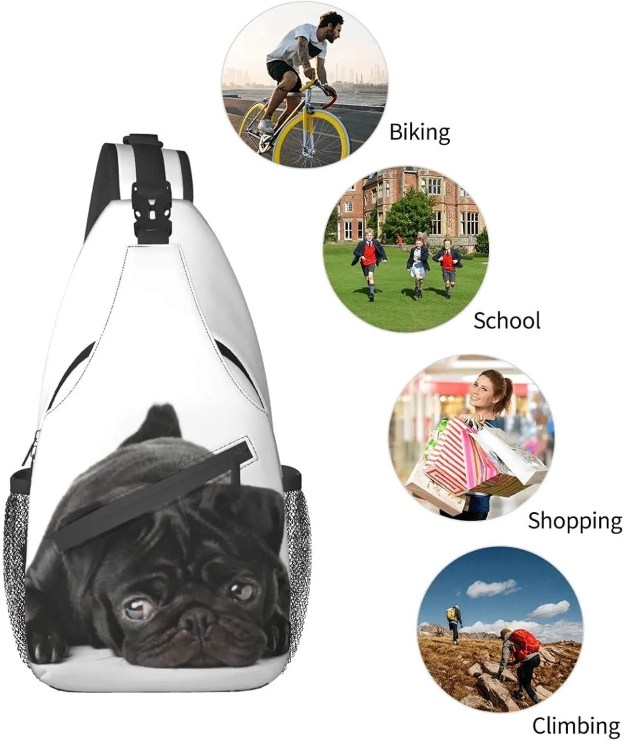 bassyil Black Pug Dog Sling Bag Crossbody Travel Hiking Chest Backpack Shoulder Daypack for Women Men