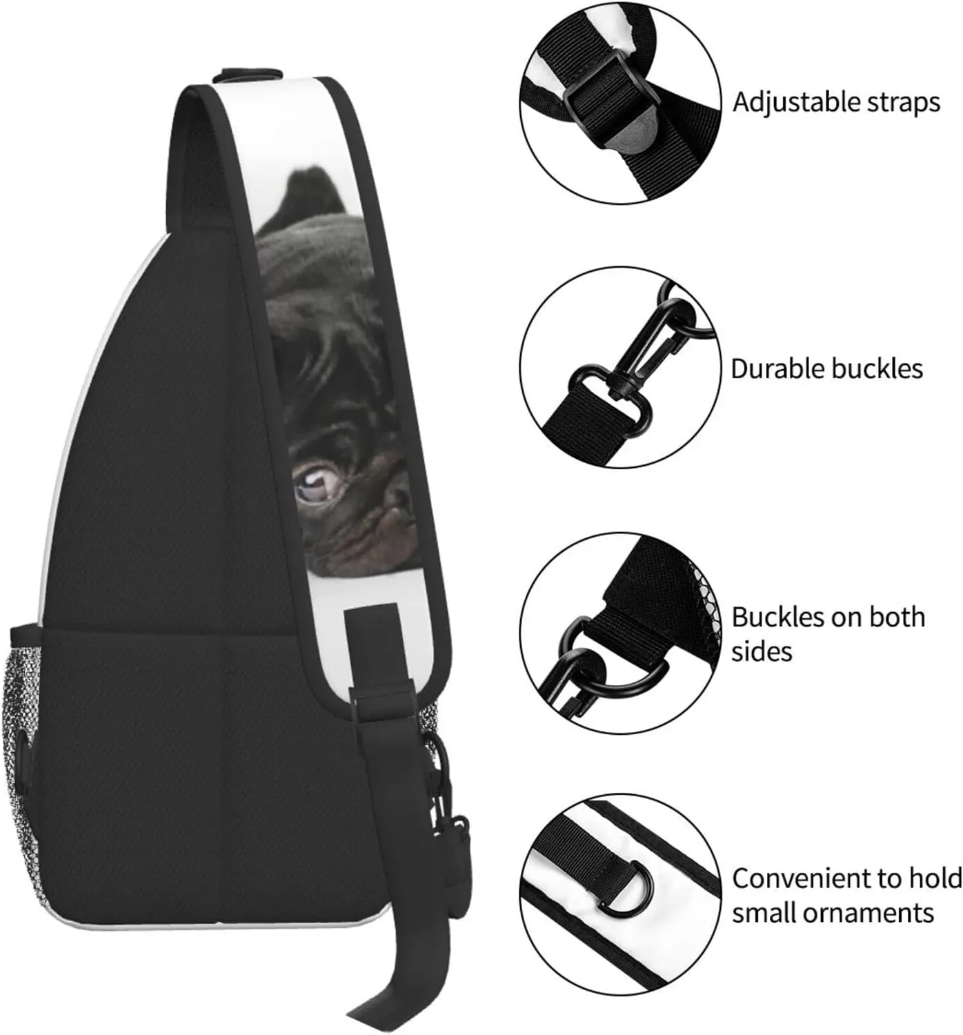 bassyil Black Pug Dog Sling Bag Crossbody Travel Hiking Chest Backpack Shoulder Daypack for Women Men