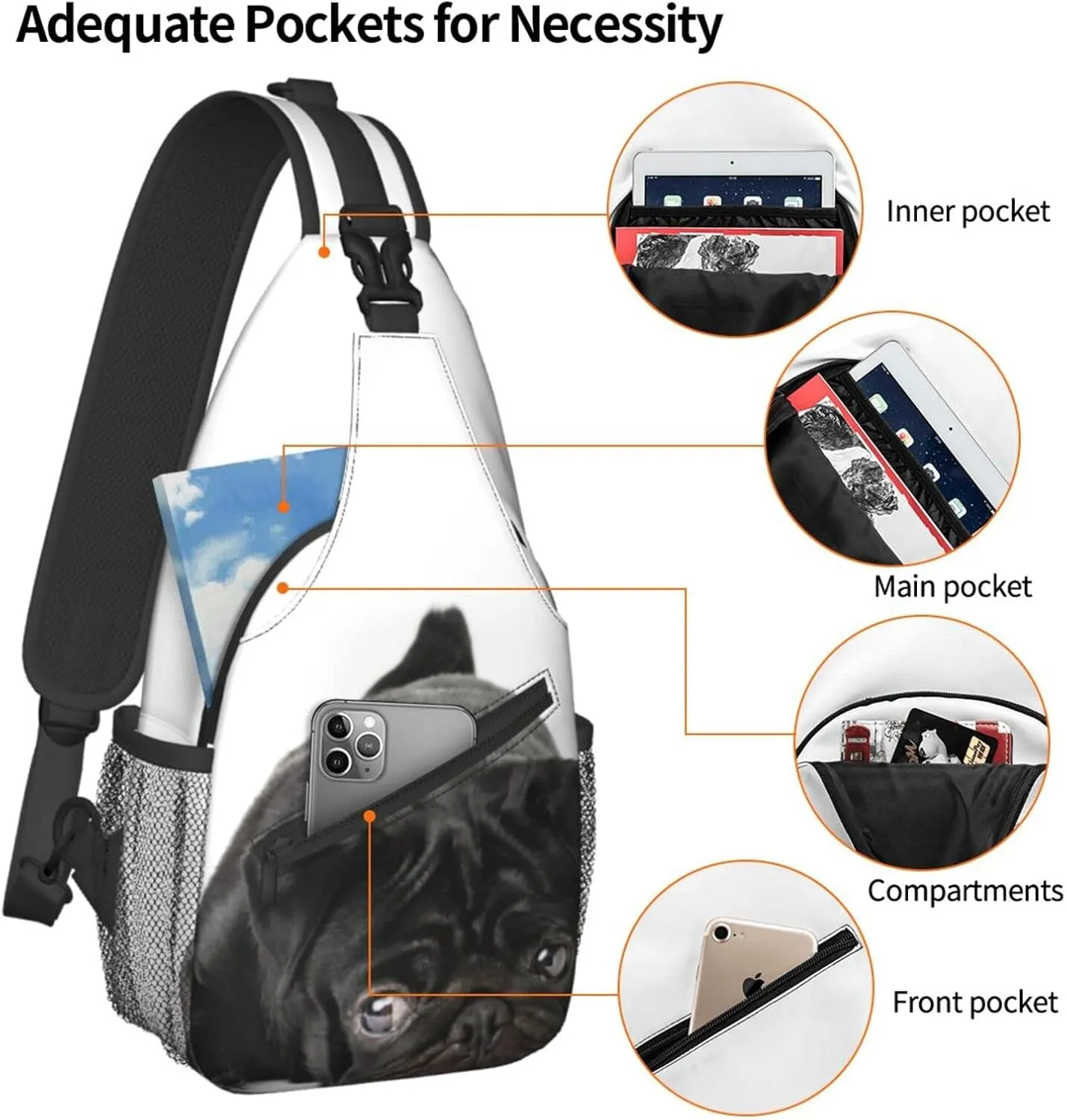 bassyil Black Pug Dog Sling Bag Crossbody Travel Hiking Chest Backpack Shoulder Daypack for Women Men