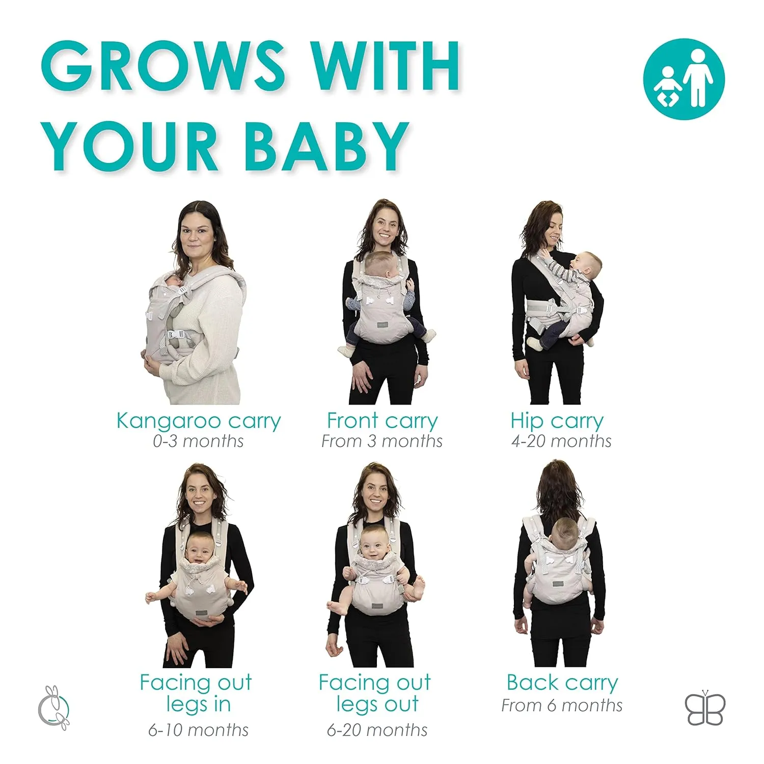 bblüv Pöp’NGO Baby Carrier Wrap - Adjustable Backpack & Front Chest Holder Wearing Harness Sling with Six Positions, Includes Head Cushions, Travel Bag, for Newborn, Infant, & Toddler (Beige)