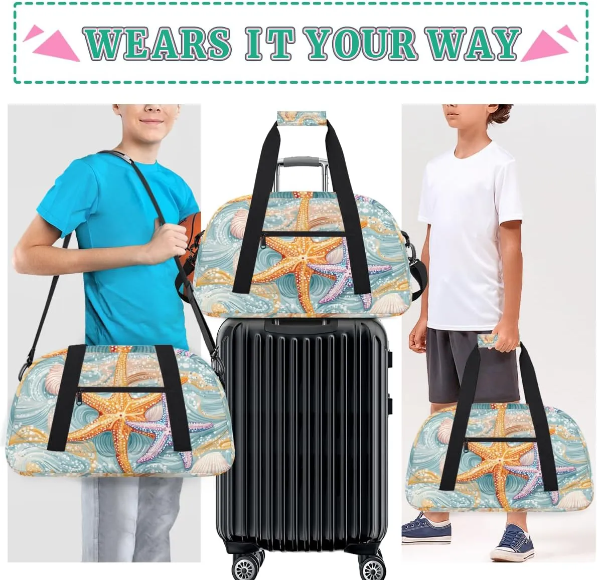 Beach Ocean Starfish Shells Boys Girls Gym Bag Dance Perform Training Duffel Bags Weekender Carry-On Tote Luggage Bag Ideal for School Practice or Overnight Trips