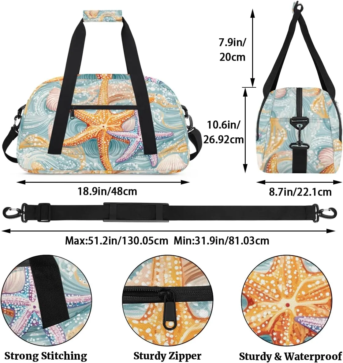 Beach Ocean Starfish Shells Boys Girls Gym Bag Dance Perform Training Duffel Bags Weekender Carry-On Tote Luggage Bag Ideal for School Practice or Overnight Trips