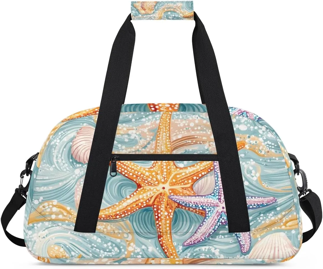 Beach Ocean Starfish Shells Boys Girls Gym Bag Dance Perform Training Duffel Bags Weekender Carry-On Tote Luggage Bag Ideal for School Practice or Overnight Trips