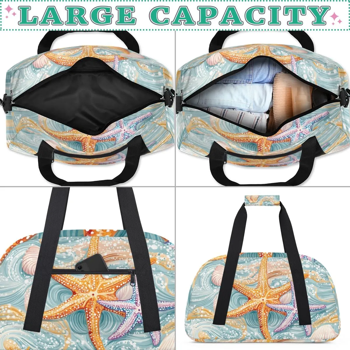 Beach Ocean Starfish Shells Boys Girls Gym Bag Dance Perform Training Duffel Bags Weekender Carry-On Tote Luggage Bag Ideal for School Practice or Overnight Trips