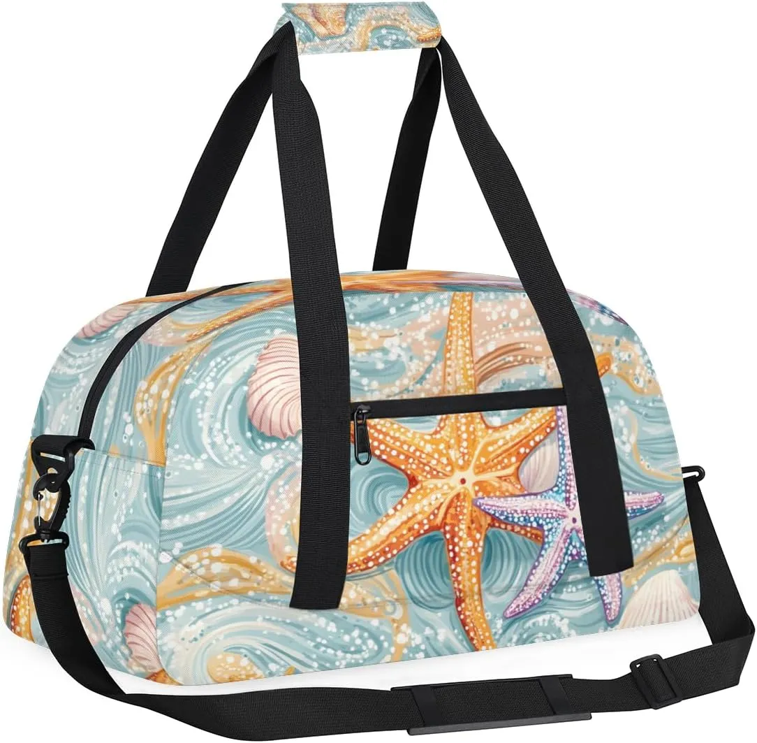 Beach Ocean Starfish Shells Boys Girls Gym Bag Dance Perform Training Duffel Bags Weekender Carry-On Tote Luggage Bag Ideal for School Practice or Overnight Trips