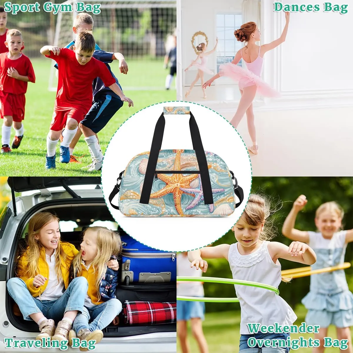 Beach Ocean Starfish Shells Boys Girls Gym Bag Dance Perform Training Duffel Bags Weekender Carry-On Tote Luggage Bag Ideal for School Practice or Overnight Trips