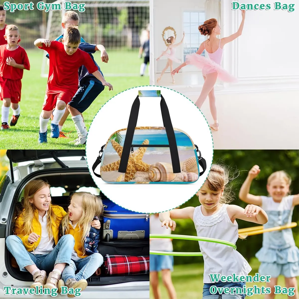Beach Palm Tree Starfish Boys Girls Gym Bag Dance Perform Training Duffel Bags Weekender Carry-On Tote Luggage Bag Ideal for School Practice or Overnight Trips Beach Theme
