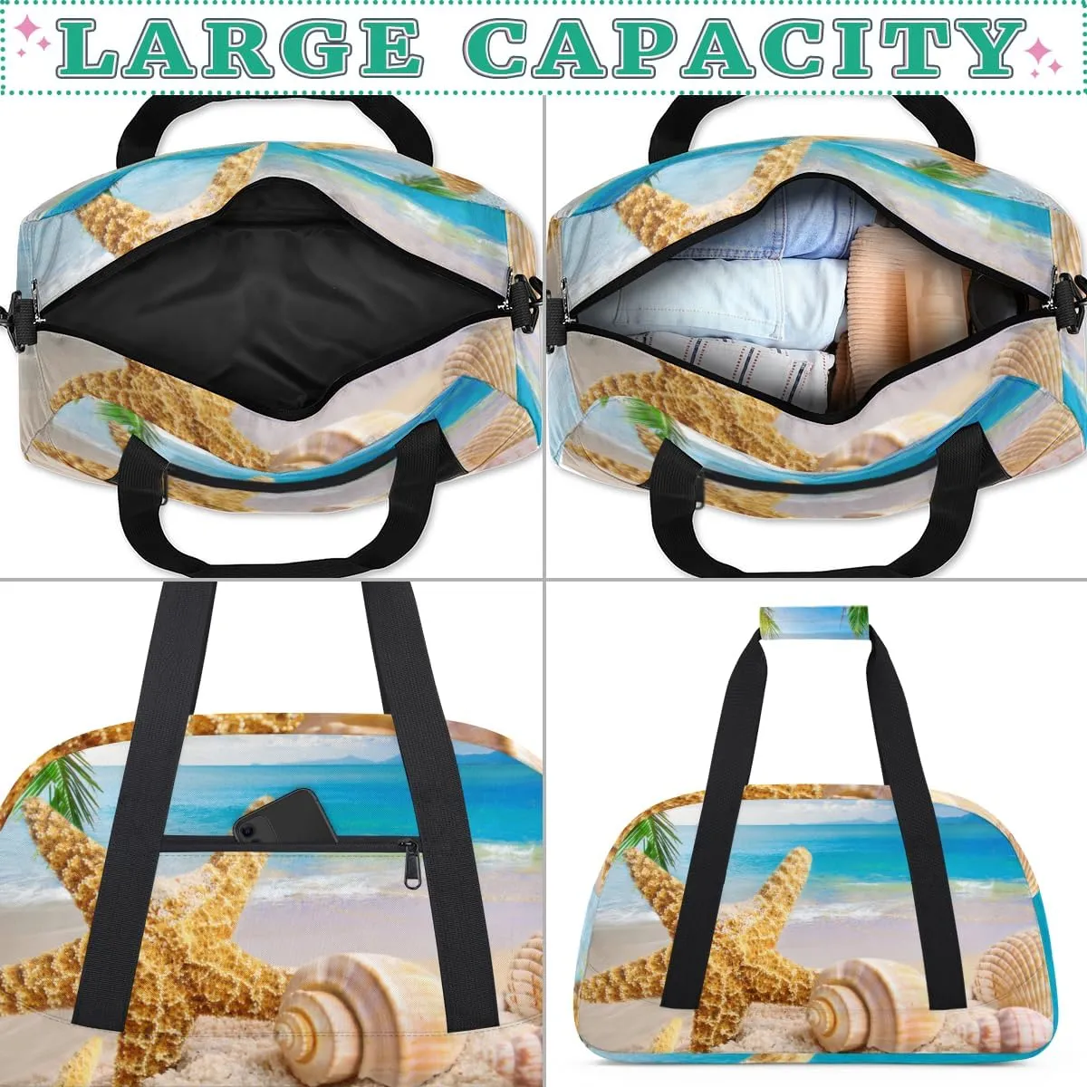 Beach Palm Tree Starfish Boys Girls Gym Bag Dance Perform Training Duffel Bags Weekender Carry-On Tote Luggage Bag Ideal for School Practice or Overnight Trips Beach Theme