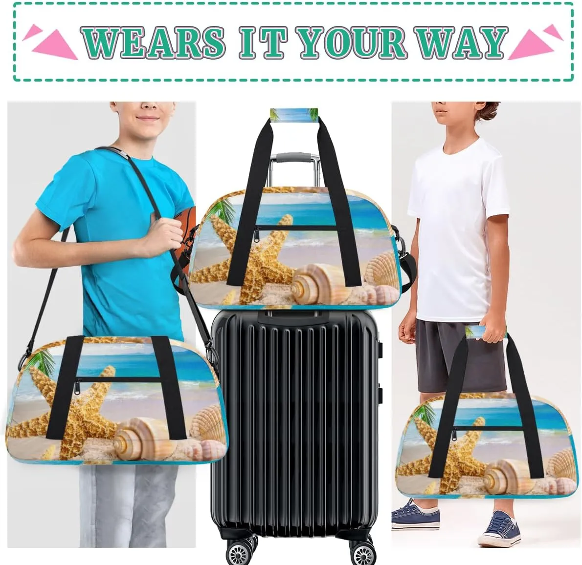 Beach Palm Tree Starfish Boys Girls Gym Bag Dance Perform Training Duffel Bags Weekender Carry-On Tote Luggage Bag Ideal for School Practice or Overnight Trips Beach Theme