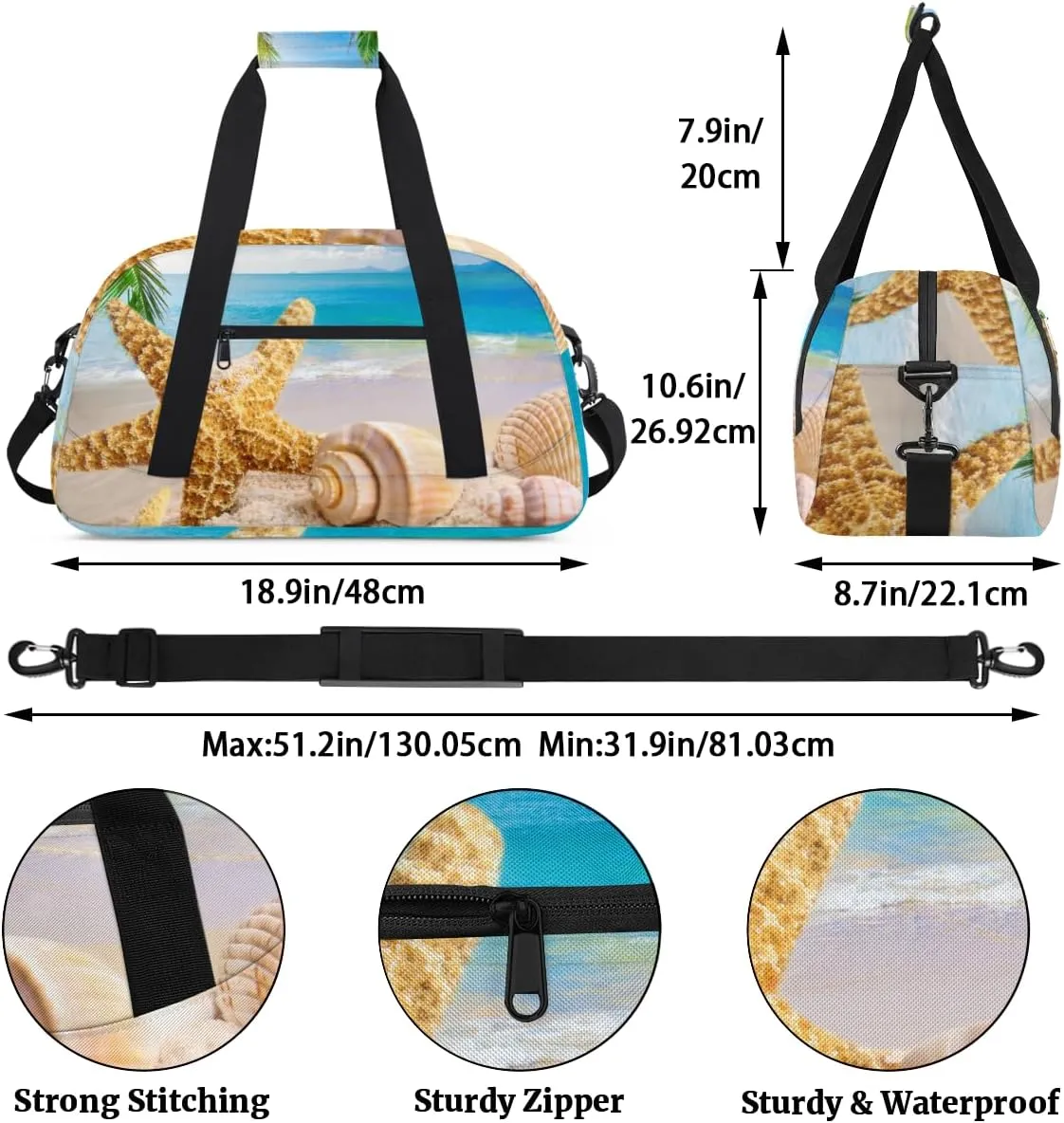 Beach Palm Tree Starfish Boys Girls Gym Bag Dance Perform Training Duffel Bags Weekender Carry-On Tote Luggage Bag Ideal for School Practice or Overnight Trips Beach Theme