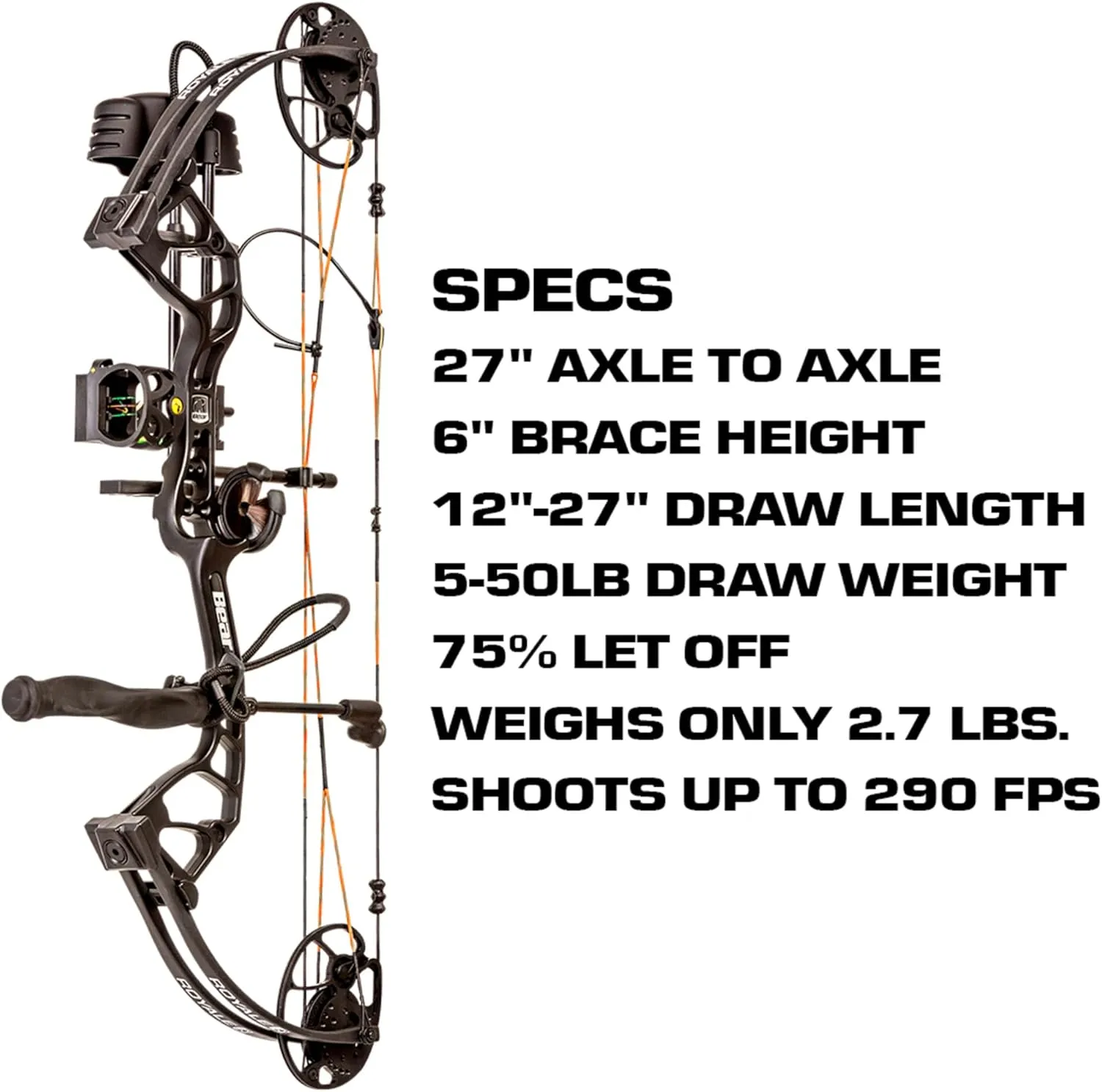 Bear Archery Royale Ready to Hunt Extra Compound Bow Package for Adults and Youth, 12”- 27” Draw Length, 5-50 Lbs Draw Weight, Up to 290 FPS, Limbs Made in USA, Limited Life-Time Warranty