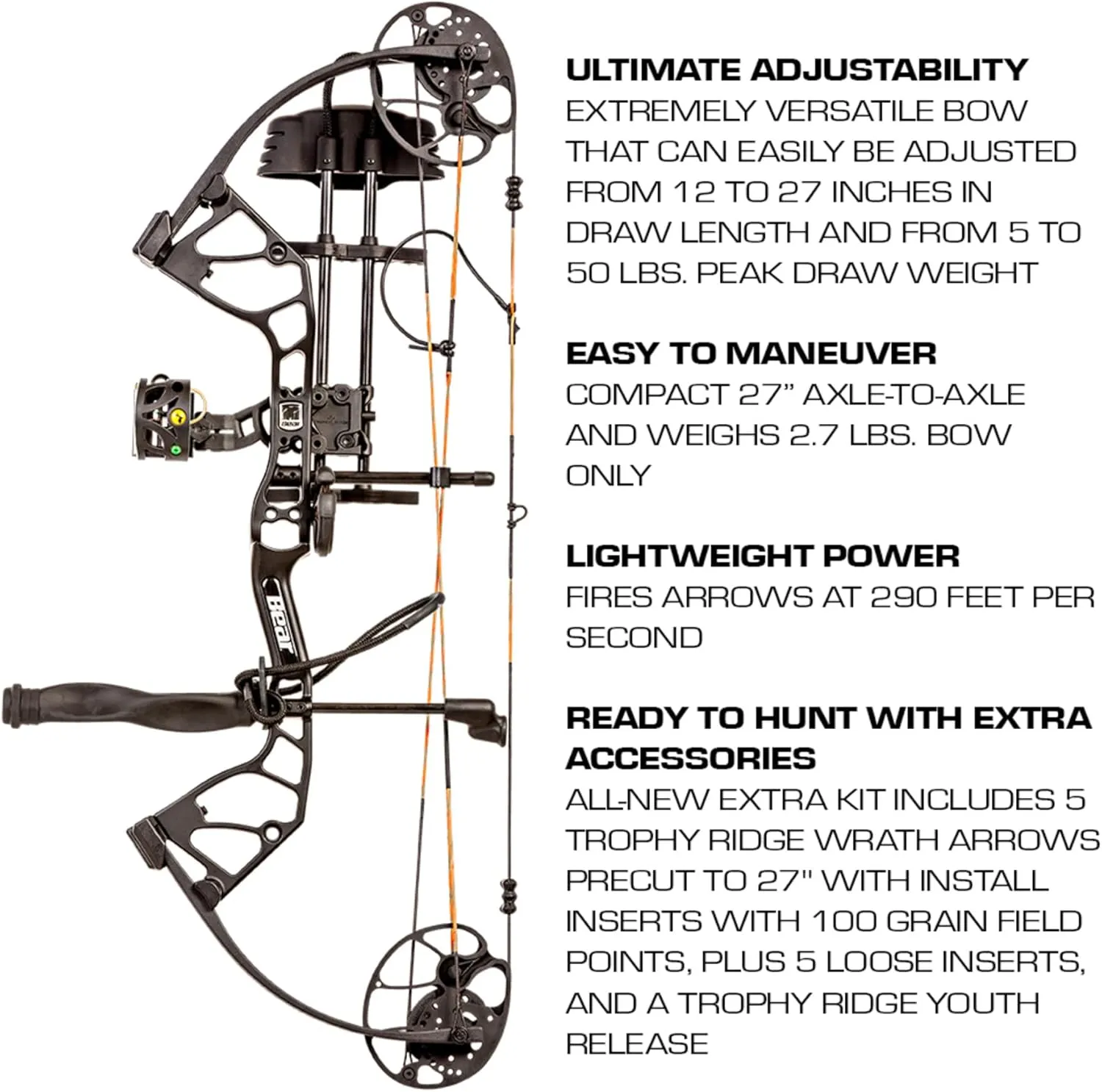 Bear Archery Royale Ready to Hunt Extra Compound Bow Package for Adults and Youth, 12”- 27” Draw Length, 5-50 Lbs Draw Weight, Up to 290 FPS, Limbs Made in USA, Limited Life-Time Warranty