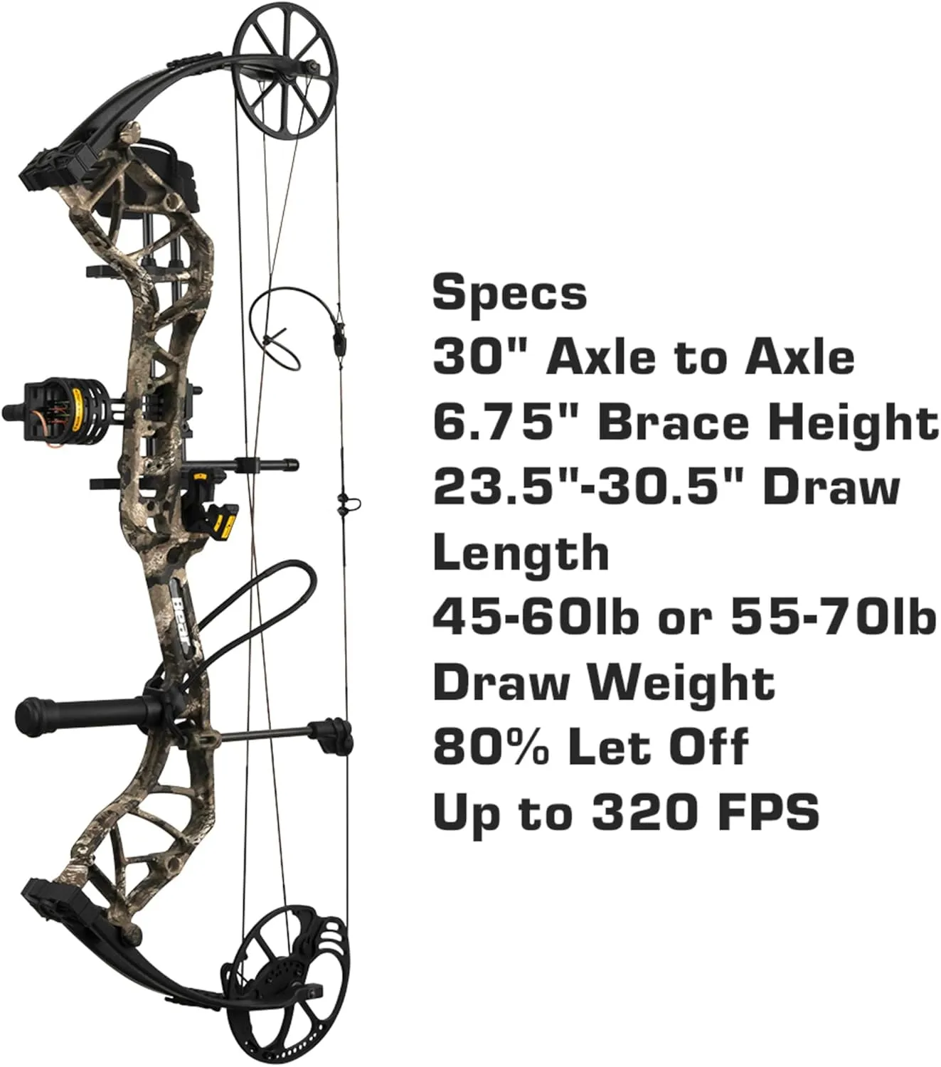 Bear Archery Species EV Ready to Hunt Adult Compound Bow Package, 23.5”- 30.5” Draw Length, 55-70 and 45-60 Lbs Draw Weight, Up to 320 FPS, Made in USA, Limited Life-Time Warranty