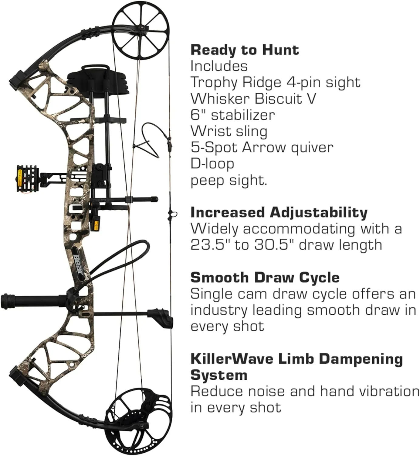 Bear Archery Species EV Ready to Hunt Adult Compound Bow Package, 23.5”- 30.5” Draw Length, 55-70 and 45-60 Lbs Draw Weight, Up to 320 FPS, Made in USA, Limited Life-Time Warranty