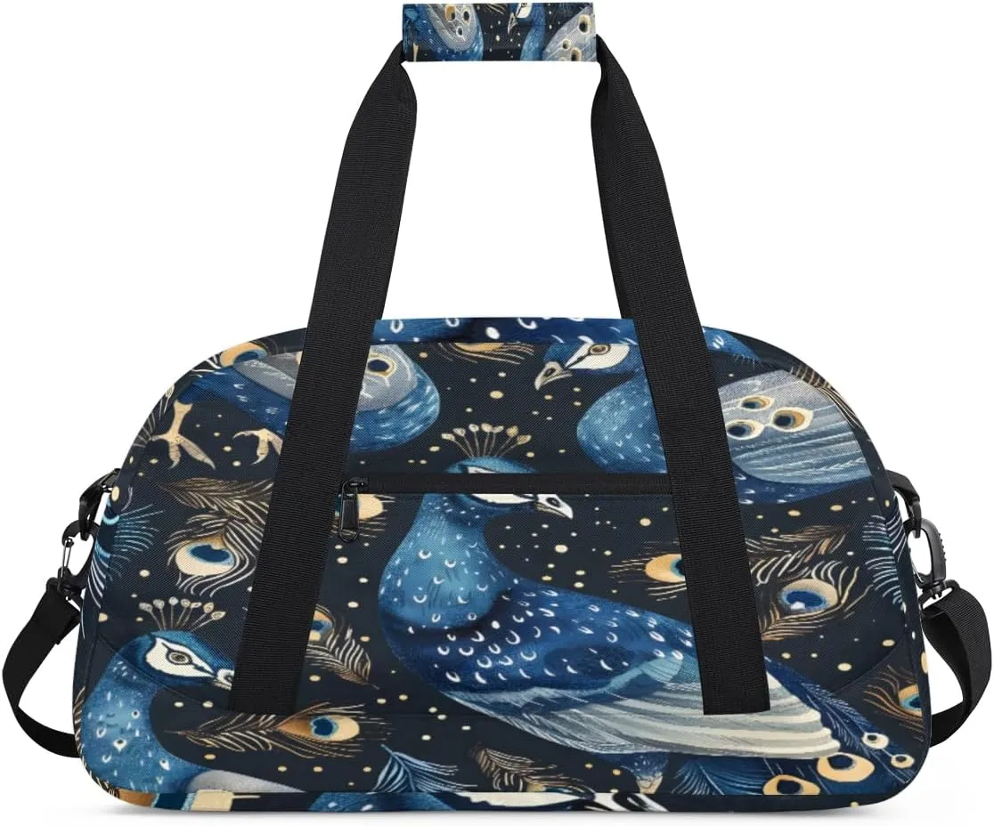 Beautiful Peacock Gym Duffel Bag for Men Women Peacock Feathers Sports Tote Bag with Adjustable Shoulder Strap for Dance Gymnastics Traveling Outdoor Camping Overnight Stay