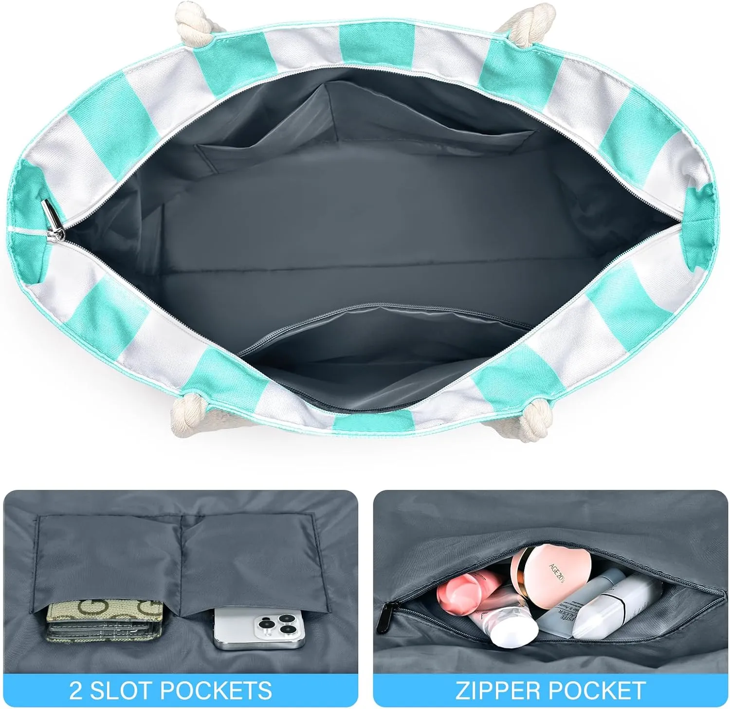Becokan Beach Bag Large Waterproof Sandproof Canvas Beach Tote Bag with Zipper Swim Pool Bag Travel Essentials