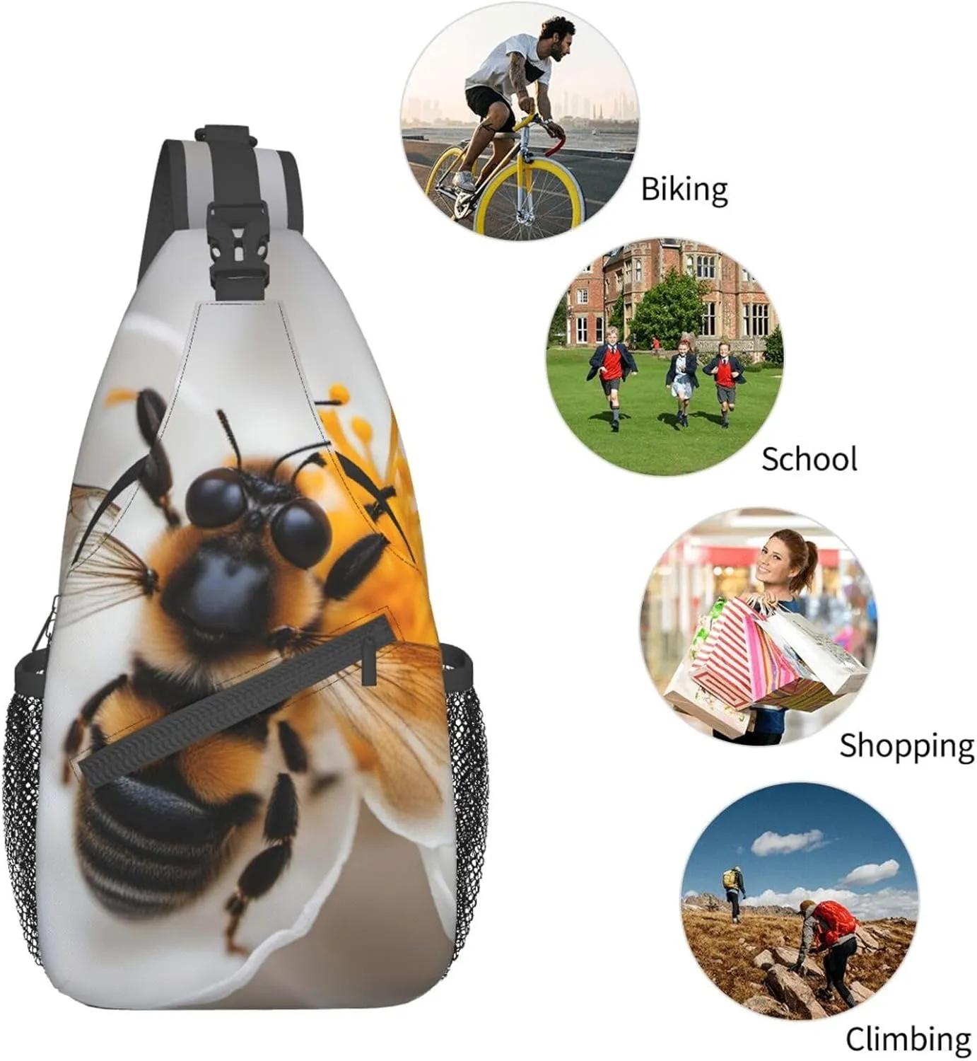 Bee On Honeycomb Shoulder Bag Crossbody Backpack Chest Bag Lightweight Sling Daypackstravel Hiking Cycling For Men Women