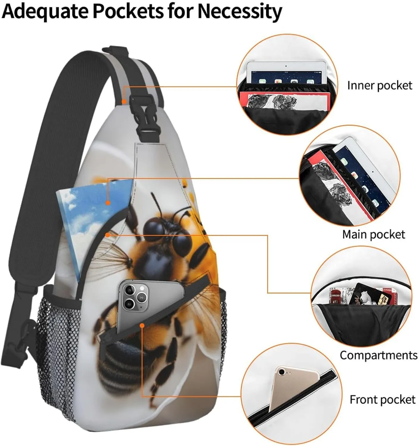 Bee On Honeycomb Shoulder Bag Crossbody Backpack Chest Bag Lightweight Sling Daypackstravel Hiking Cycling For Men Women