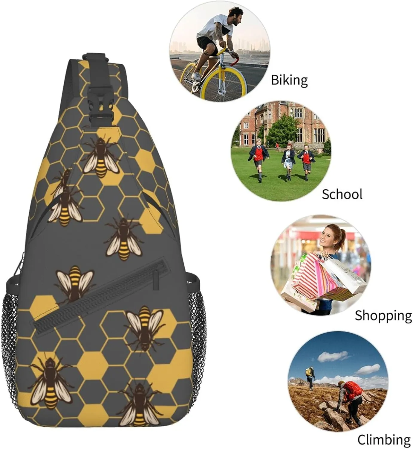 Bee Sling Bag Crossbody Travel Hiking Backpack Daypack for Women Men Unisex，Shoulder Chest Bags Cycling Gym