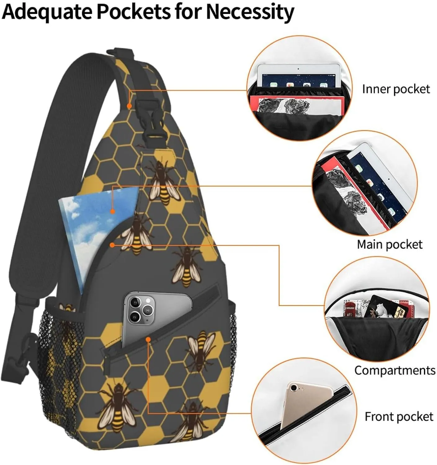 Bee Sling Bag Crossbody Travel Hiking Backpack Daypack for Women Men Unisex，Shoulder Chest Bags Cycling Gym
