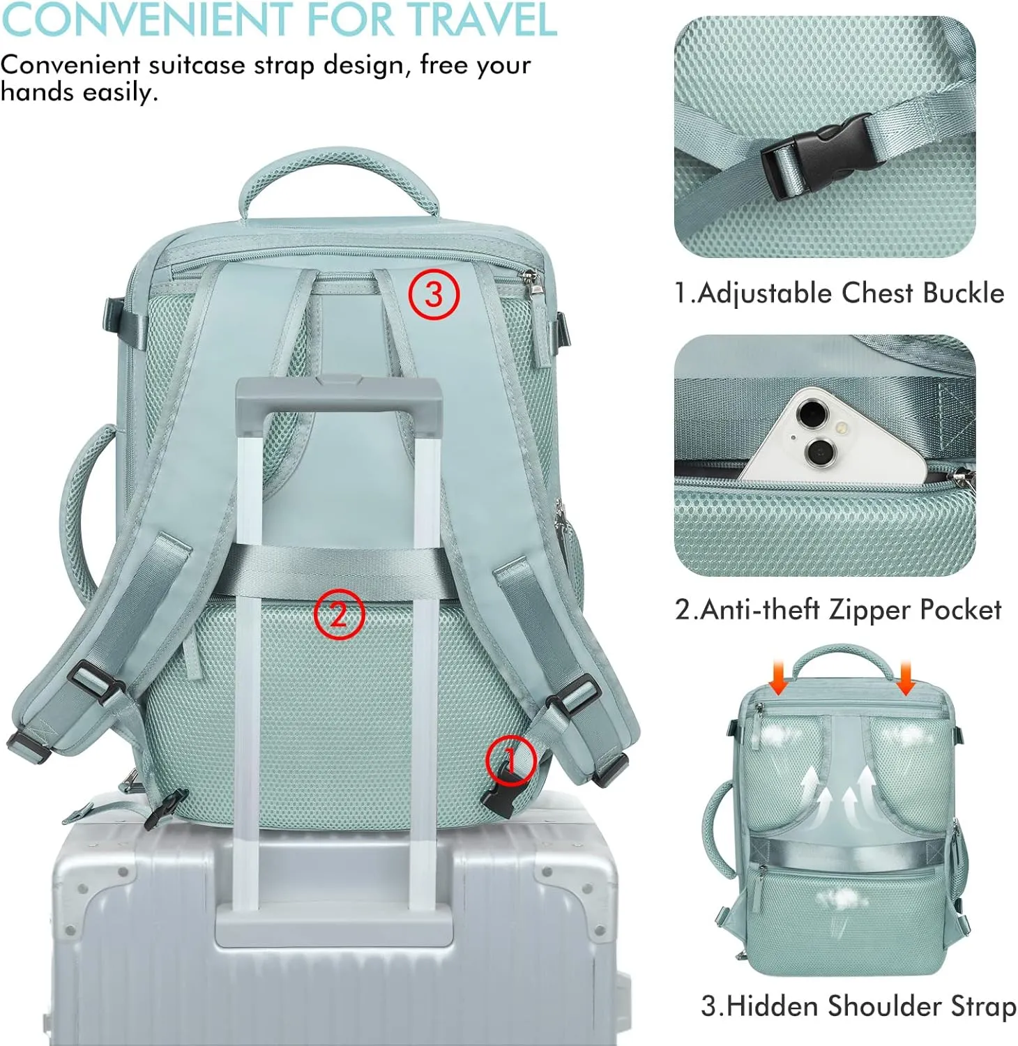 Beraliy Large Travel Backpack for Women Airline Approved, Carry On Backpack, 17 Inch Laptop Backpack, Personal Item Bag Casual Daypack Backpacks, Mint Green